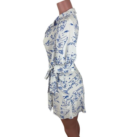 Maeve Anthropologie Puff Sleeve Wrap Dress Mini White Amalfi travel AOP Medium - Picture 4 of 10